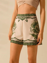 CAJUNI Women's Boho Tropical Flowers Green Print Shorts, Vacation Casual Summer Beach Shorts